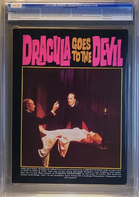 Famous Monsters of Filmland #109 Aug 1974, back cover of the CGC graded slab, graded CGC 9.4