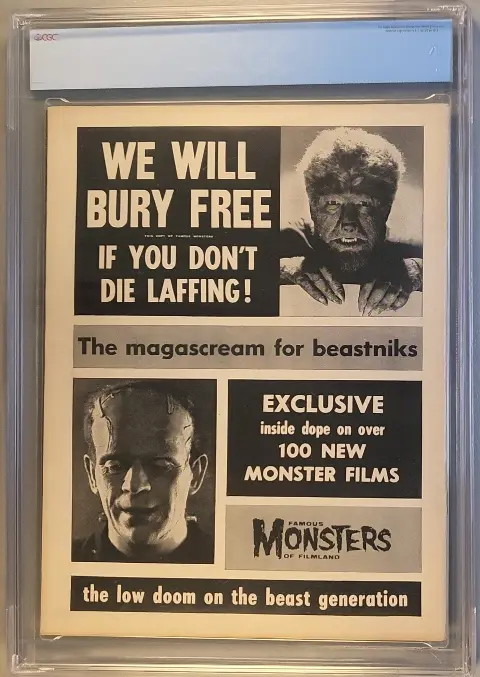 Famous Monsters of Filmland #4 Aug 1959, Ghouls Eye Variant, back cover of the CGC graded slab, graded CGC 7.0