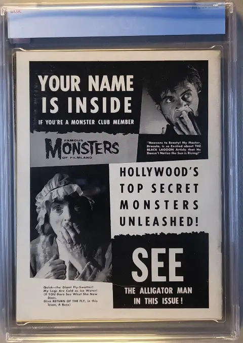 Famous Monsters of Filmland #5 Nov 1959, back cover of the CGC graded slab, graded CGC 8.0