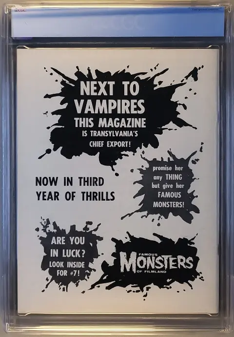 Famous Monsters of Filmland #7 Jun 1960, WOR-TV Variant, back cover of the CGC graded slab, graded CGC 8.0
