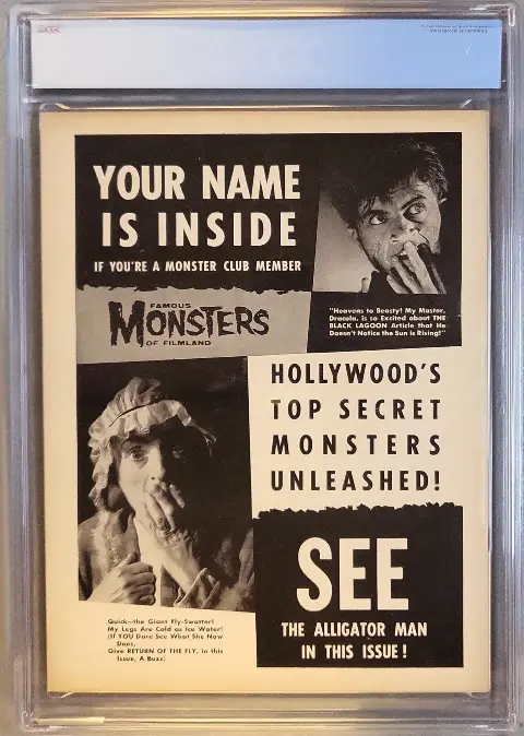 Famous Monsters of Filmland #5 Nov 1959, back cover of the CGC graded slab, graded CGC 7.5