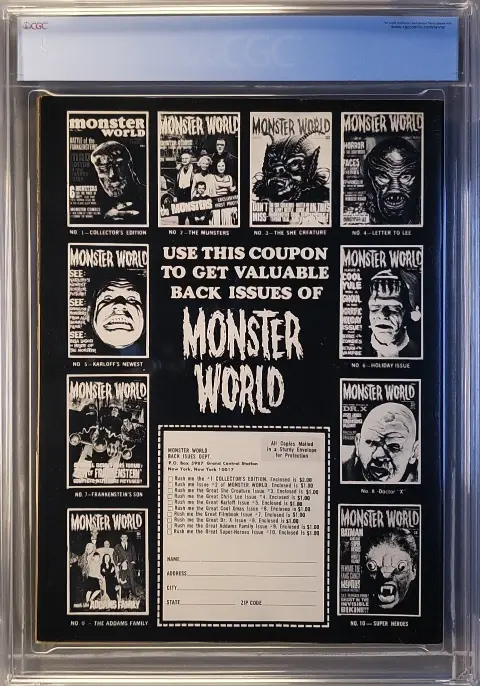 Famous Monsters of Filmland #68 Aug 1970, back cover of the CGC graded slab, graded CGC 9.4