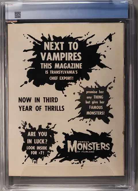 Famous Monsters of Filmland #7 Jun 1960, Roland Variant, back cover of the CGC graded slab, graded CGC 5.5