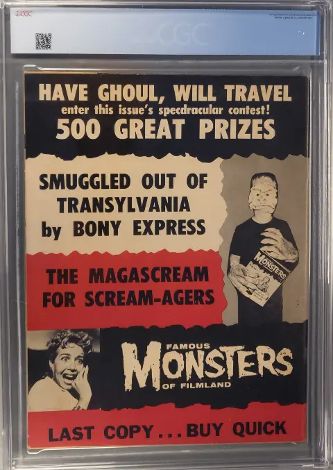 Famous Monsters of Filmland #3 Apr 1959, back cover of the CGC graded slab, graded CGC 7.5