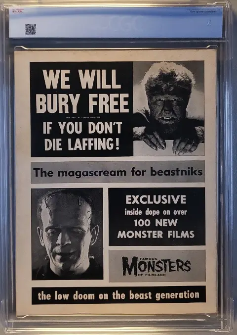 Famous Monsters of Filmland #4 Aug 1959, Ghouls Eye Variant, back cover of the CGC graded slab, graded CGC 7.0
