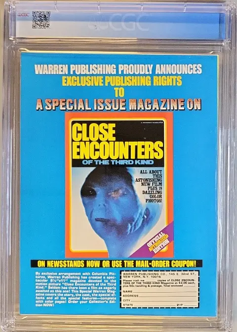 Famous Monsters of Filmland #143 May 1978, back cover of the CGC graded slab, graded CGC 9.8