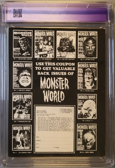 Famous Monsters of Filmland #87 Nov 1971, back cover of the CGC graded slab, graded CGC 9.0