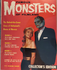 Famous Monsters of Filmland #1 February 1958 cover featuring Frankenstein Monster Jim Warren in mask with blonde woman Marion Moore Collector's Edition