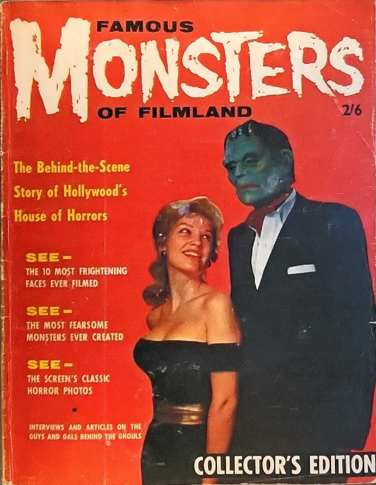 Famous Monsters of Filmland #1 February 1958 UK Price Variant cover featuring Frankenstein Monster Jim Warren in mask with blonde woman Marion Moore Collector's Edition