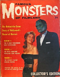 Famous Monsters of Filmland #1 February 1958 UK Price Variant cover featuring Frankenstein Monster Jim Warren in mask with blonde woman Marion Moore Collector's Edition