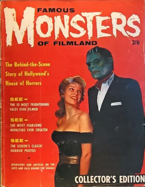 Famous Monsters of Filmland #1 February 1958 UK Price Variant cover featuring Frankenstein Monster Jim Warren in mask with blonde woman Marion Moore Collector's Edition