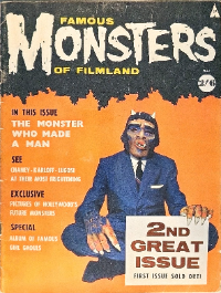 Famous Monsters of Filmland #2 September 1958 UK Price Variant cover featuring Jim Warren in Mr Hyde mask with horns and monster hands holding 2nd Great Issue card