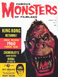 Famous Monsters of Filmland #6 February 1960 M.T. Graves Variant cover painting by Albert Nuetzell of King Kong with tiny Chaney Phantom in mouth