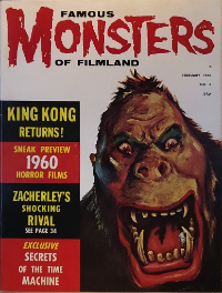 Famous Monsters of Filmland #6 February 1960 cover painting by Albert Nuetzell of King Kong with tiny Chaney Phantom in mouth