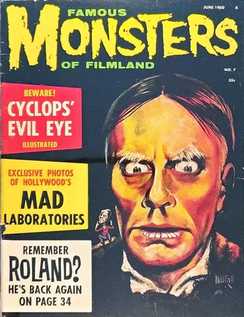Famous Monsters of Filmland #7 June 1960 Roland Variant cover painting by Albert Nuetzell of Zacherley with tiny Chaney Phantom on shoulder