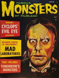Famous Monsters of Filmland #7 June 1960 cover painting by Albert Nuetzell of Zacherley with tiny Chaney Phantom on shoulder