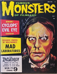 Famous Monsters of Filmland #7 June 1960 WOR-TV/Zacherley Variant cover painting by Albert Nuetzell of Zacherley with tiny Chaney Phantom on shoulder