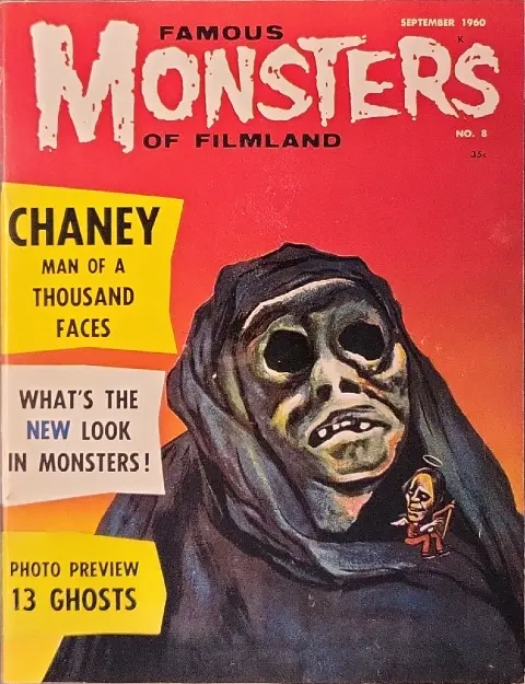 Famous Monsters of Filmland #8 September 1960 cover painting by Albert Nuetzell of 13 Ghosts ghost with tiny haloed Phantom on shroud