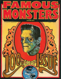 Famous Monsters of Filmland #100 August 1973 cover painting of Karloff as the Frankenstein Monster with circus poster motif by Basil Gogos featuring horror anniversary themes