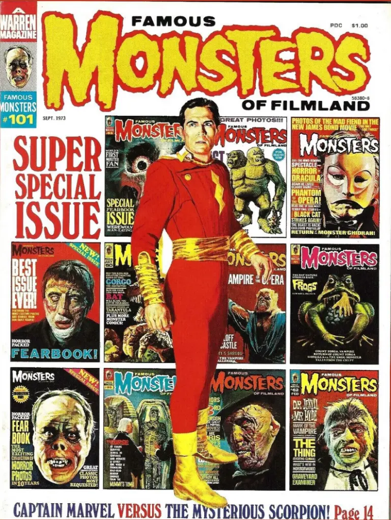 Famous Monsters of Filmland #101 September 1973 cover illustration of Tom Tyler as Captain Marvel with previous issues featuring superhero horror themes
