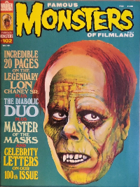 Famous Monsters of Filmland #102 October 1973 cover uncredited painting of Lon Chaney from The Phantom of the Opera featuring horror phantom themes
