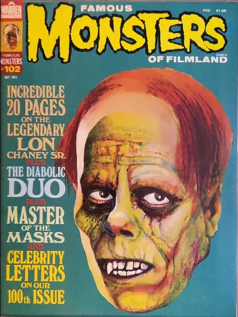 Famous Monsters of Filmland #102 October 1973 cover uncredited painting of Lon Chaney from The Phantom of the Opera featuring horror phantom themes
