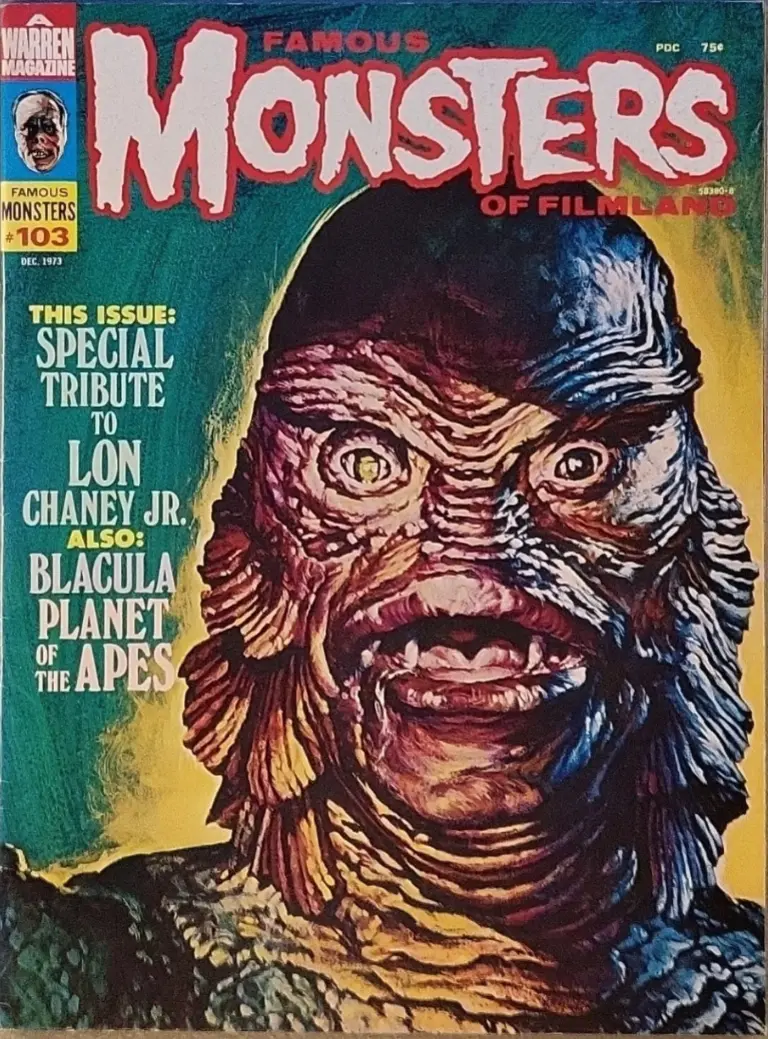 Famous Monsters of Filmland #103 December 1973 cover painting of The Creature from the Black Lagoon by Basil Gogos featuring horror creature themes