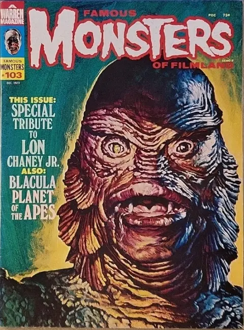 Famous Monsters of Filmland #103 December 1973 cover painting of The Creature from the Black Lagoon by Basil Gogos featuring horror creature themes