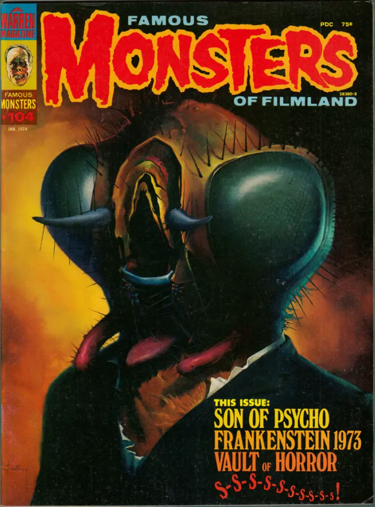 Famous Monsters of Filmland #104 January 1974 cover painting of The Fly by Ken Kelly featuring horror fly monster themes