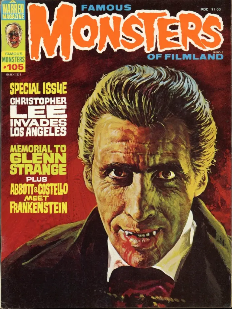 Famous Monsters of Filmland #105 March 1974 cover painting of Christopher Lee as Dracula by Basil Gogos featuring horror vampire themes