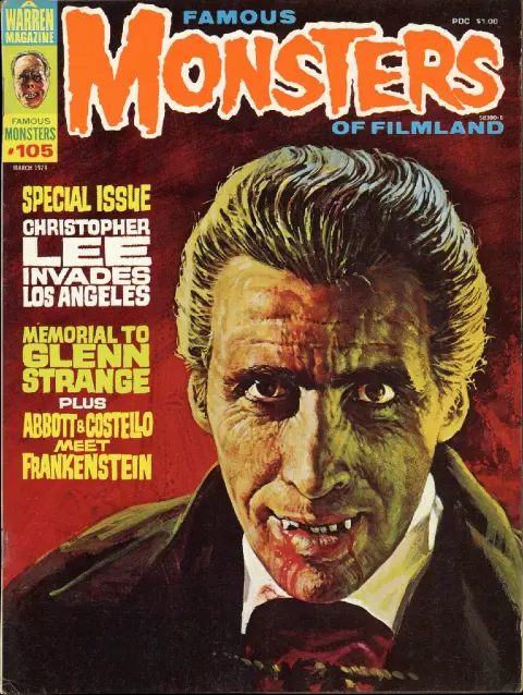 Famous Monsters of Filmland #105 March 1974 cover painting of Christopher Lee as Dracula by Basil Gogos featuring horror vampire themes