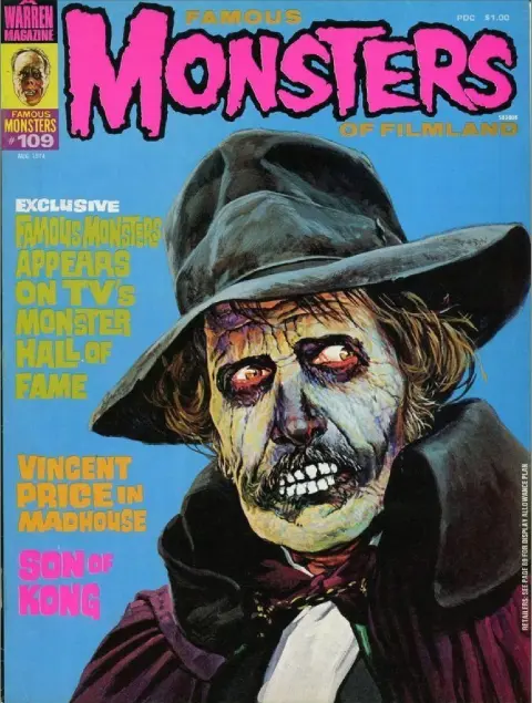 Famous Monsters of Filmland #109 August 1974 cover uncredited painting of Vincent Price from Madhouse featuring horror madhouse themes