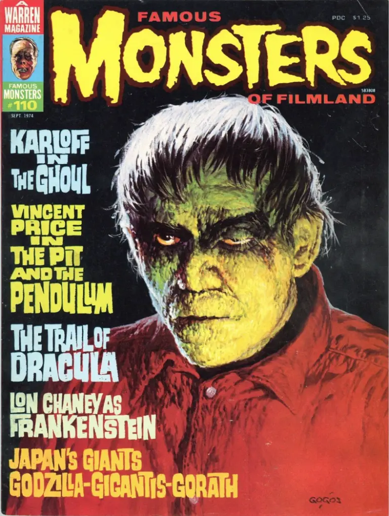 Famous Monsters of Filmland #110 September 1974 cover painting of Boris Karloff as The Ghoul by Basil Gogos featuring horror ghoul themes