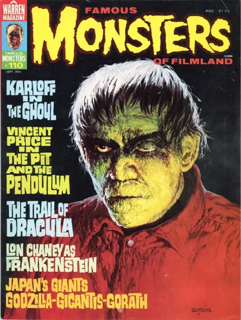 Famous Monsters of Filmland #110 September 1974 cover painting of Boris Karloff as The Ghoul by Basil Gogos featuring horror ghoul themes