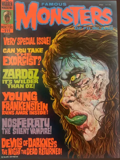 Famous Monsters of Filmland #111 October 1974 cover painting of Linda Blair as Regan in The Exorcist by Basil Gogos featuring horror possession themes