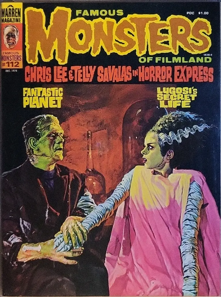 Famous Monsters of Filmland #112 December 1974 cover painting of Karloff and Lanchester from The Bride of Frankenstein by Basil Gogos featuring horror bride themes