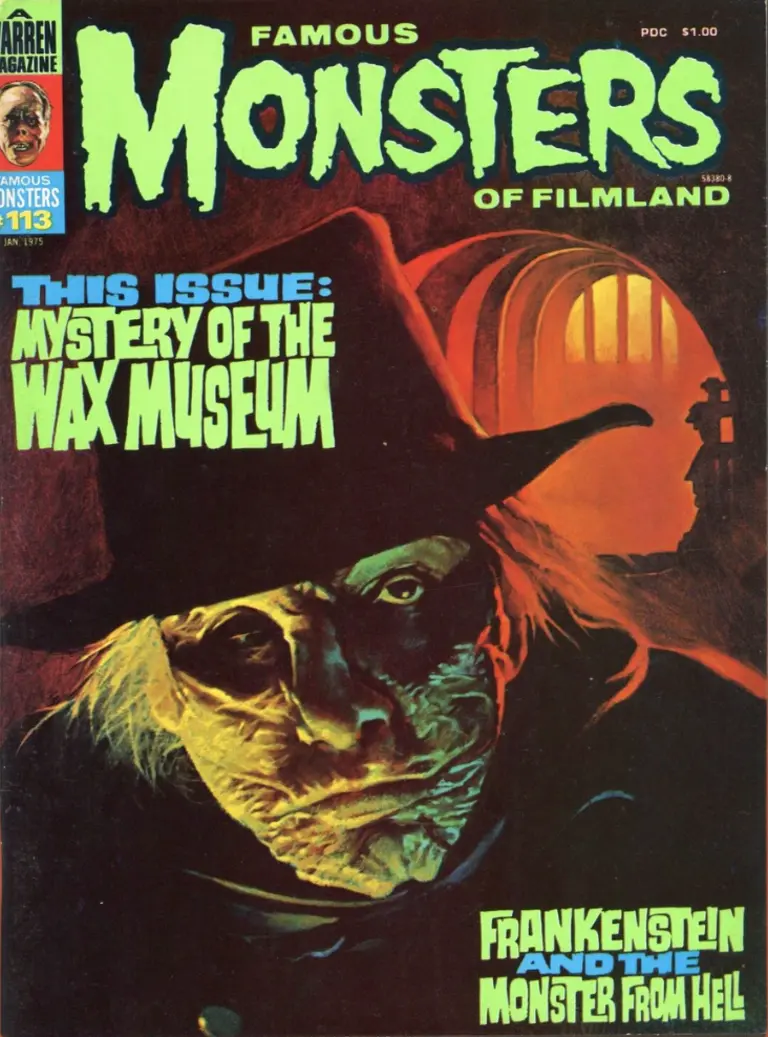 Famous Monsters of Filmland #113 January 1975 cover uncredited painting of Lionel Atwill in The Mystery of the Wax Museum featuring horror wax themes