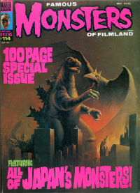 Famous Monsters of Filmland #114 March 1975 cover painting of Godzilla fighting Rodan by Ken Kelly featuring kaiju battle themes