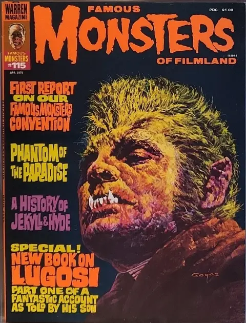 Famous Monsters of Filmland #115 April 1975 cover painting of Henry Hull from The Werewolf of London by Basil Gogos featuring horror werewolf themes