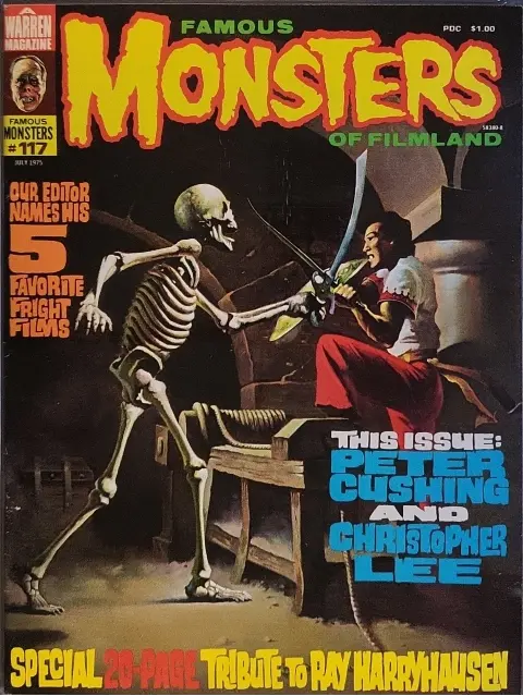 Famous Monsters of Filmland #117 July 1975 cover painting of skeleton fight from The Seventh Voyage of Sinbad by Ken Kelly featuring adventure fantasy themes