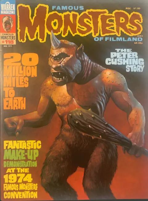 Famous Monsters of Filmland #118 August 1975 cover painting of cyclops from The Seventh Voyage of Sinbad by Harry Roland featuring adventure monster themes