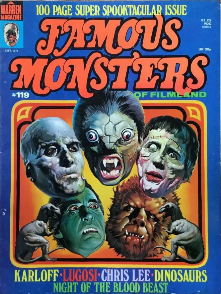 Famous Monsters of Filmland #119 September 1975 cover painting of Christopher Lee as Mummy Dracula Frankenstein Oliver Reed as Werewolf Jacqueline Pierce as Reptile by Ken Kelly featuring horror monster portraits