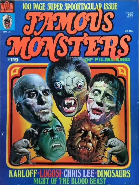 Famous Monsters of Filmland #119 September 1975 cover painting of Christopher Lee as Mummy Dracula Frankenstein Oliver Reed as Werewolf Jacqueline Pierce as Reptile by Ken Kelly featuring horror monster portraits