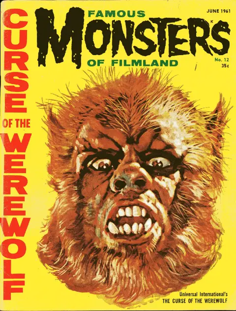 Famous Monsters of Filmland #12 June 1961 cover painting by Basil Gogos of Oliver Reed as Werewolf from Curse of the Werewolf