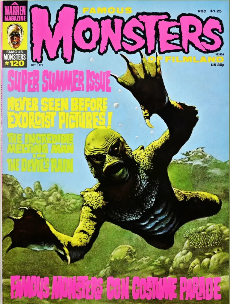 Famous Monsters of Filmland #120 October 1975 cover painting of The Creature from the Black Lagoon by Harry Roland featuring horror creature themes