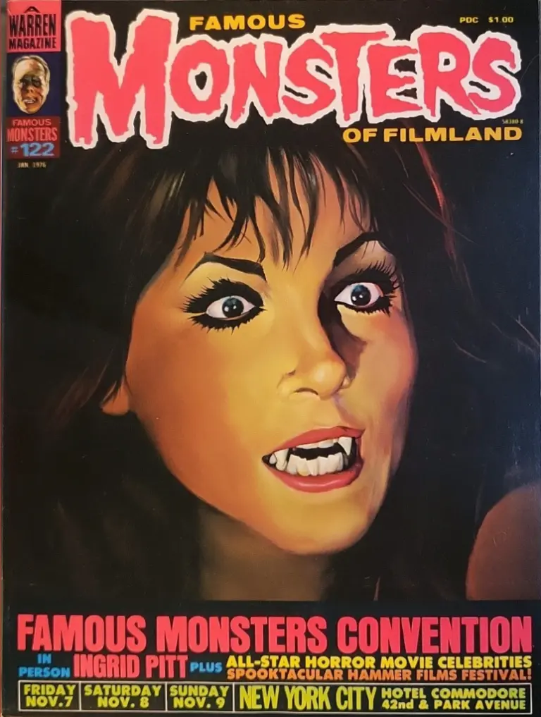 Famous Monsters of Filmland issue #122 January 1975 cover by Ken Kelly featuring Ingrid Pitt as a seductive vampire