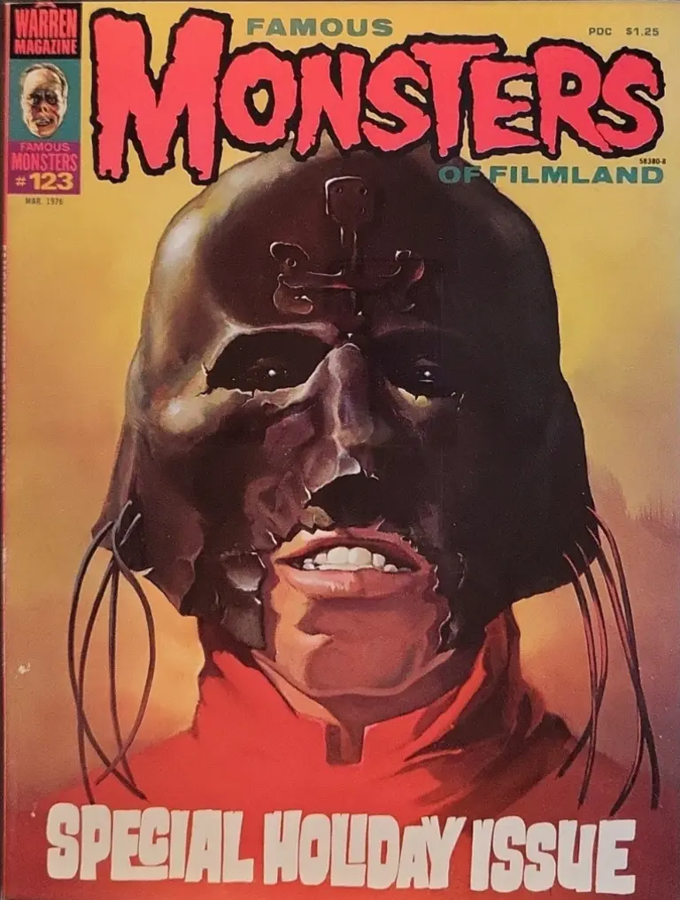 Famous Monsters of Filmland issue #123 March 1976 cover by Ken Kelly featuring terrifying face from Hammer's Plague of the Zombies