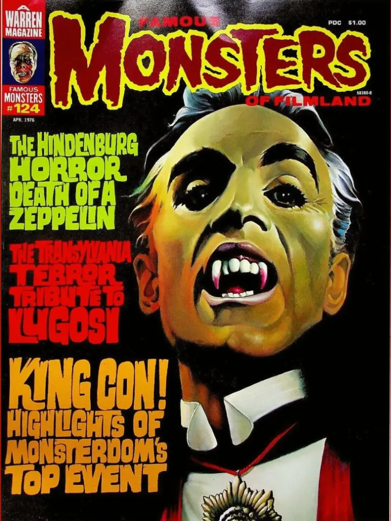 Famous Monsters of Filmland issue #124 April 1976 cover by Ken Kelly featuring Mexican horror icon German Robles as a vampire