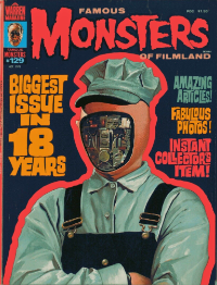 Famous Monsters of Filmland issue #129 October 1976 cover by Ken Kelly featuring exposed android from Futureworld