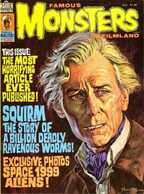 Famous Monsters of Filmland issue #130 December 1976 cover by Basil Gogos featuring iconic portrait of Peter Cushing